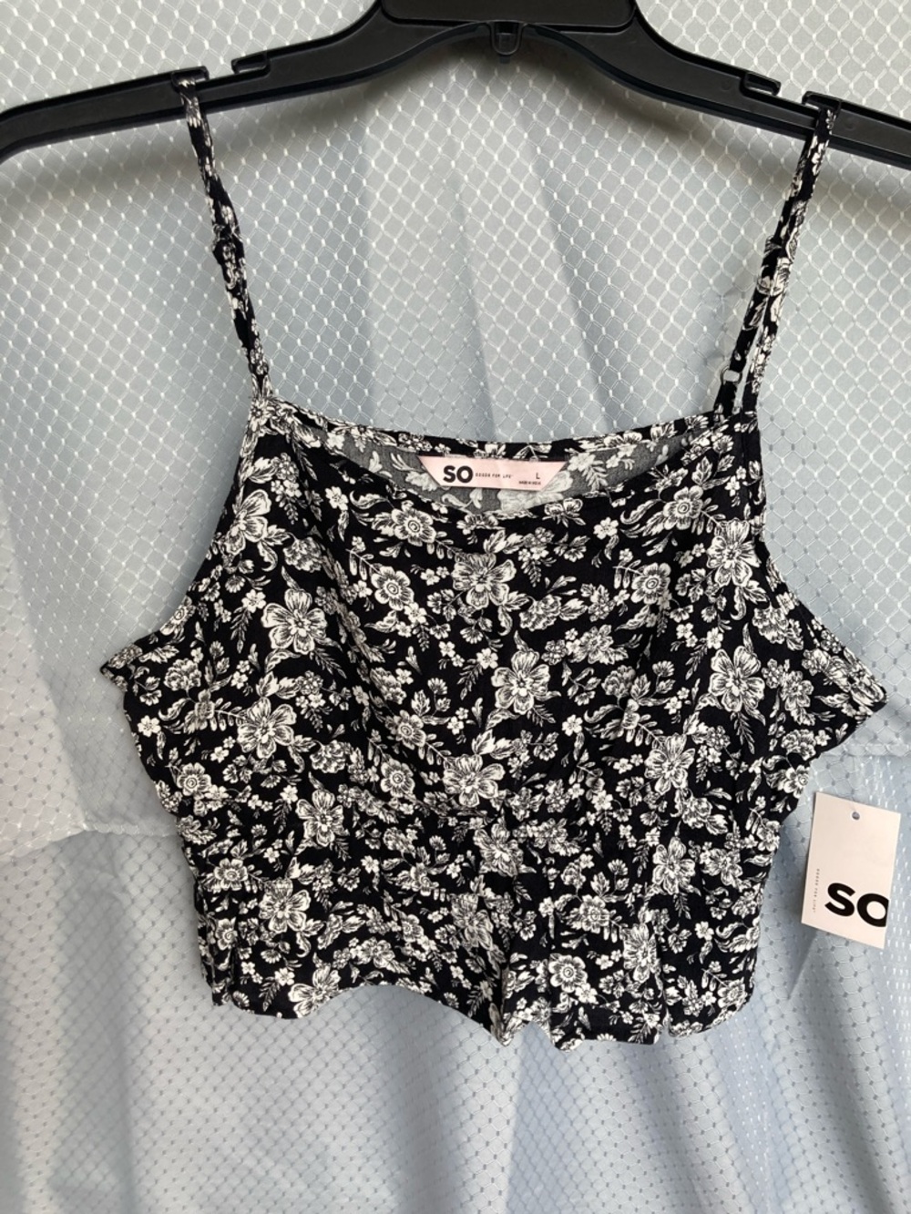 So crop top floral print cropped cinch waist tank black white boho L jrs - Picture 10 of 17